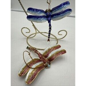Pair 3" Cloisonne Enamel Golden Dragonfly Metal Ornament  Articulated Tail Blue